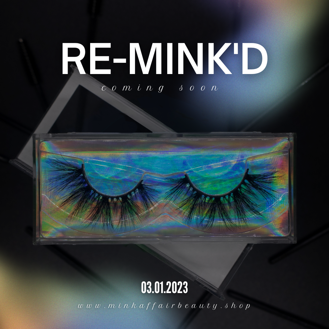 Rhinestone false eyelashes in a holographic box labeled “RE-MINK’D” on a dark background