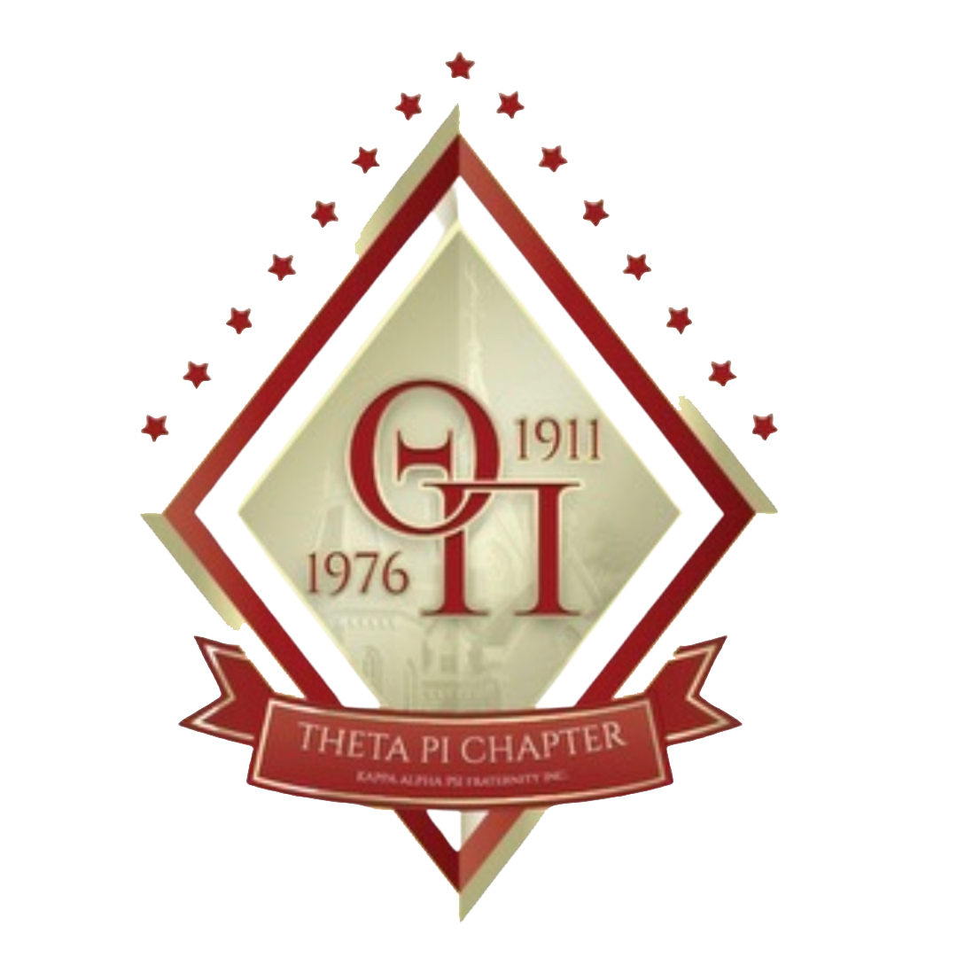 Theta Pi Chapter emblem with red and gold diamond, stars, and dates 1911 and 1976.