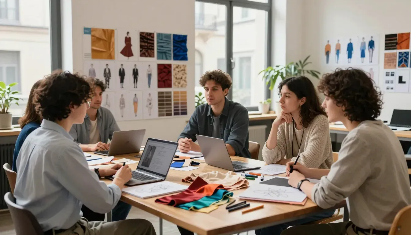 Un team collabora attorno a un tavolo in uno studio luminoso, esaminando campioni di colore, schizzi e un laptop.