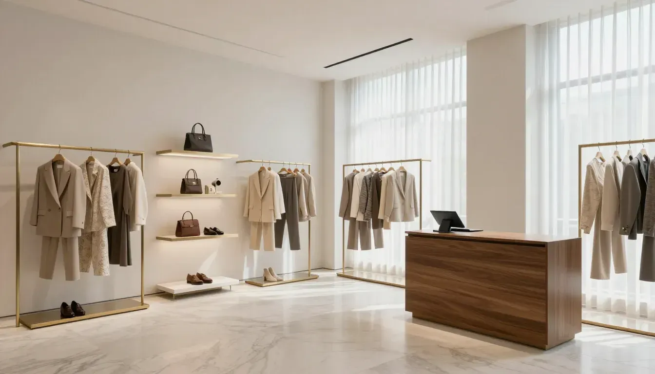 Boutique minimalista de abbigliamento con capi beige appesi agli stender e disposti sugli scaffali, e un bancone in legno per la cassa