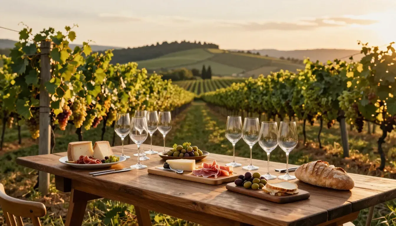 Tavolo per una degustazione di vini in un vigneto al tramonto, con calici, formaggio, frutta e pane su un tavolo di legno