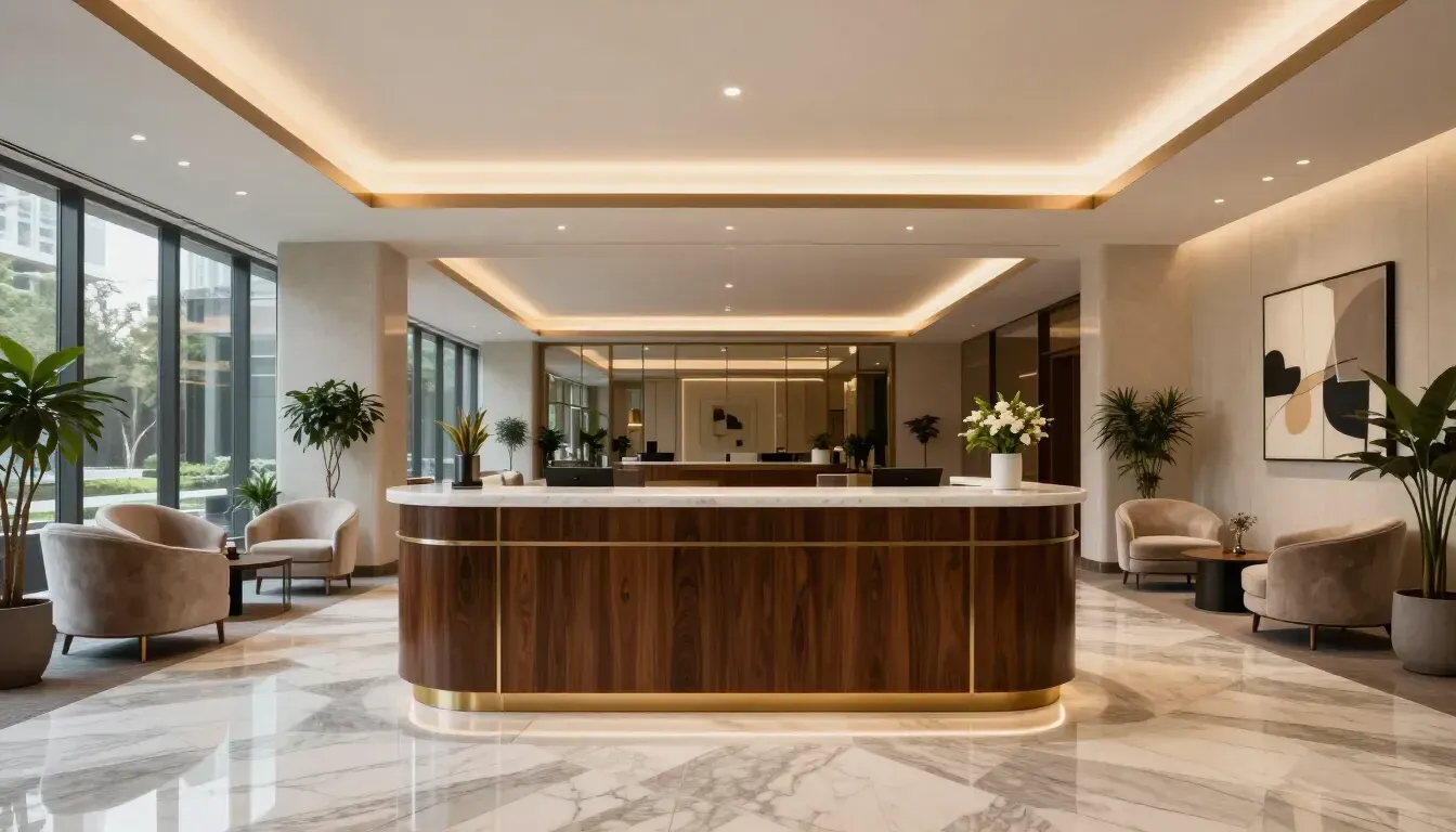 Moderna hall d’albergo con banco della reception curvo in legno, pavimenti in marmo e calda illuminazione a incasso