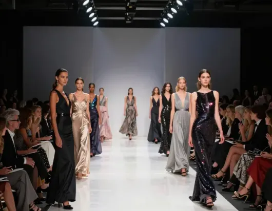 Sfilata di moda con modelle in abiti eleganti che percorrono una passerella illuminata