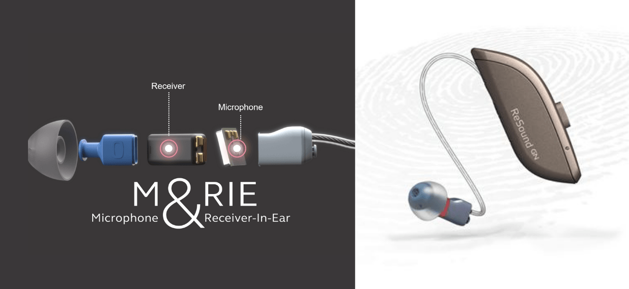 Anatomy of an M&RIE hearing aid: Exploded view on left, assembled on right.