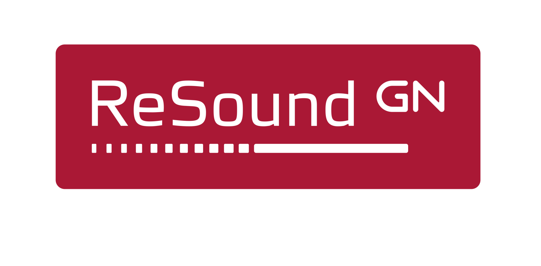 ReSound GN logo: white text on a maroon rectangular background with a horizontal dotted line below the text.