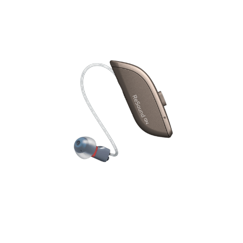 Beige and gray hearing aid with a clear earbud and tube.
