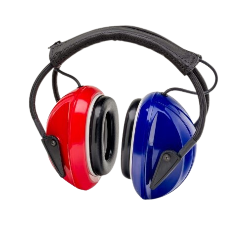Red and blue earmuffs with black padding and headband.