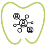 A green tooth outline containing a black network icon with a central figure connecting to other individuals and nodes.