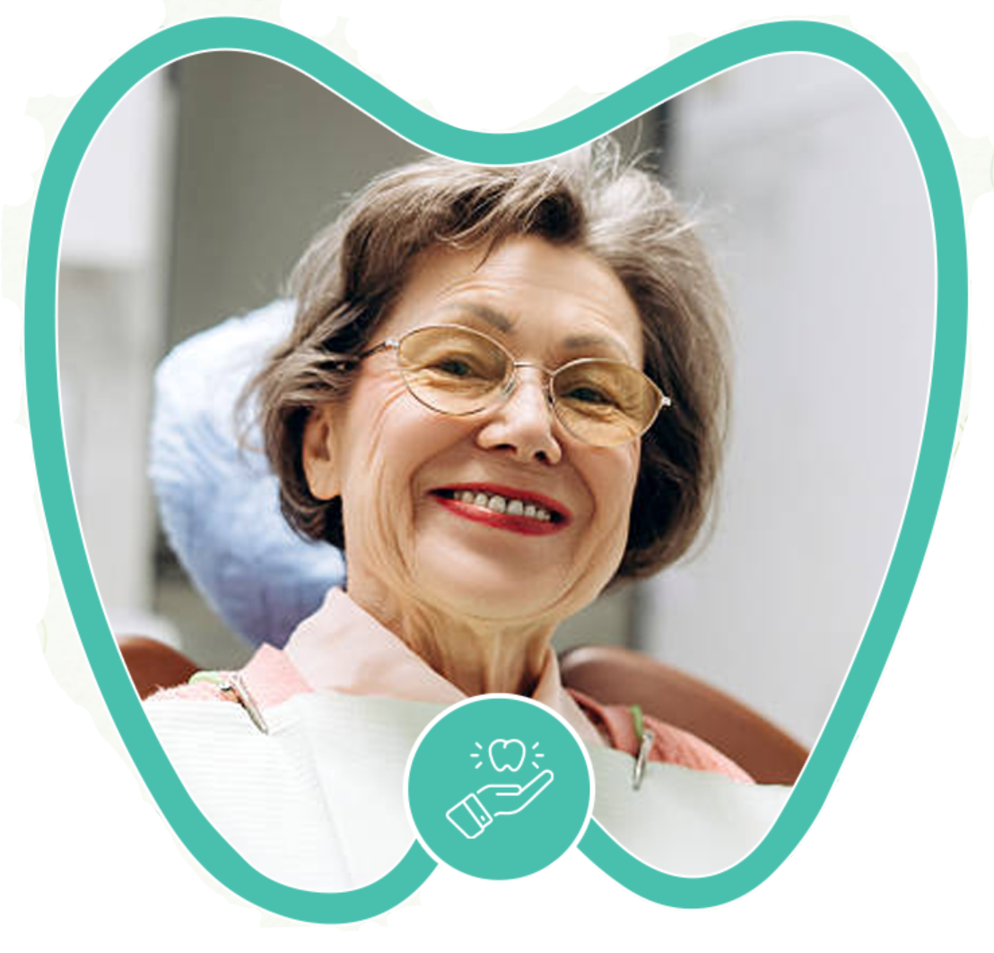 A person with a smiling expression sits in a dental chair, framed by a teal, tooth-shaped border with a dental icon.