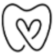 A simple line-art illustration of a heart shape integrated into the silhouette of a tooth.