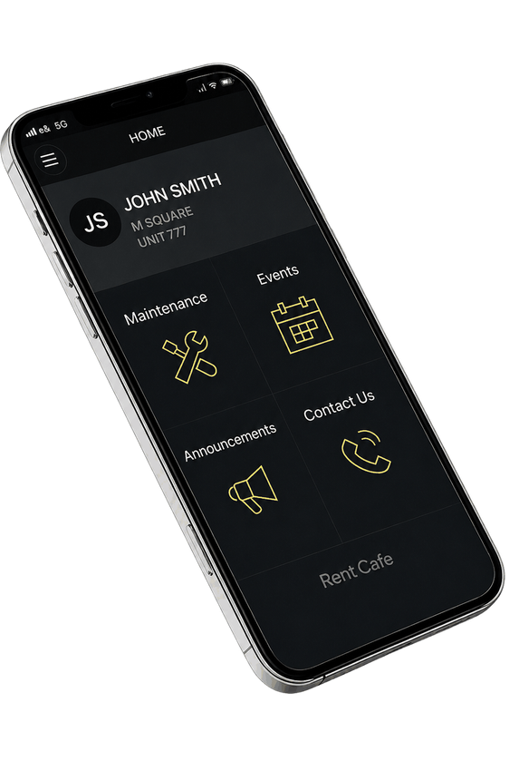 Black smartphone showing a dark-themed home screen with yellow icons for features like finance, warranty, and settings.