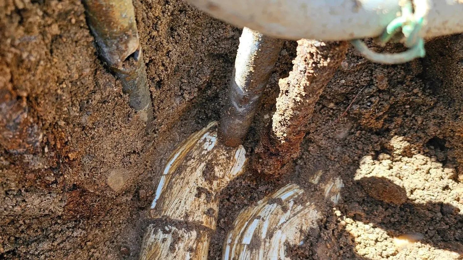 Close-up of muddy hands holding a metal tool in wet soil