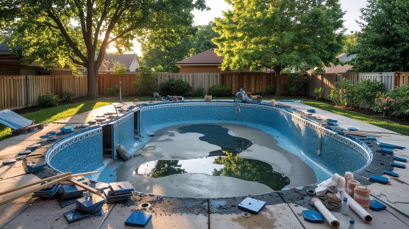 Backyard swimming pool under construction, surrounded by tools, debris, and a wooden fence.