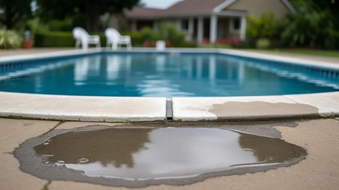 Puddle on concrete beside a backyard swimming pool with blue water and white deck chairs in the background