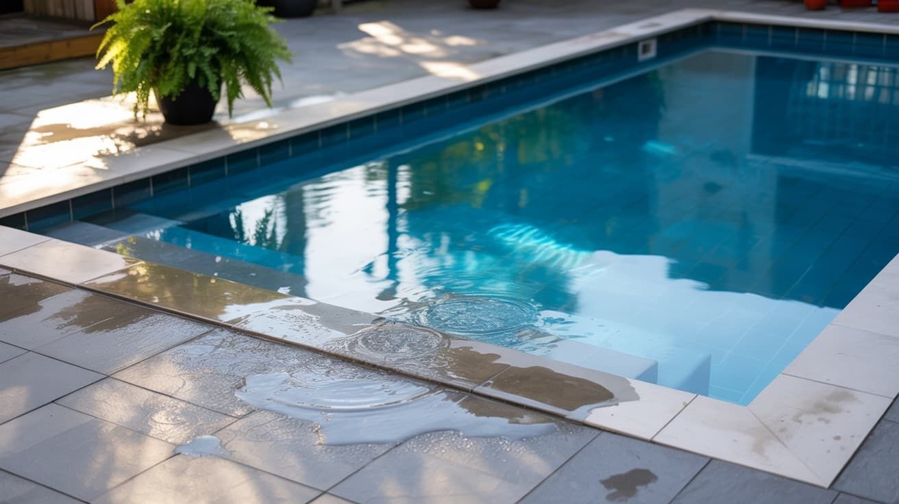 Swimming pool with blue water, wet white tiles, and a potted plant at the edge