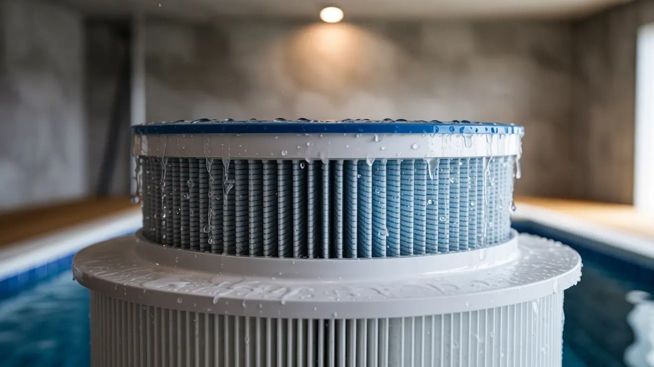 Close-up of a cylindrical pool filter cartridge beside a swimming pool indoors.