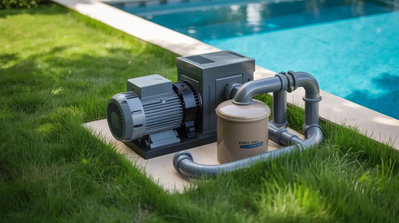 Pool pump and filter system on grass beside a swimming pool