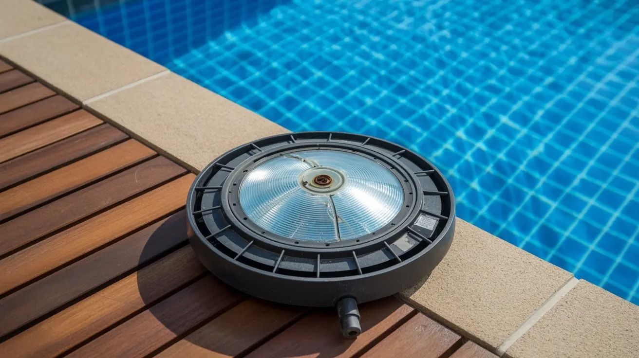 Round pool cleaner on wooden deck beside blue tiled swimming pool