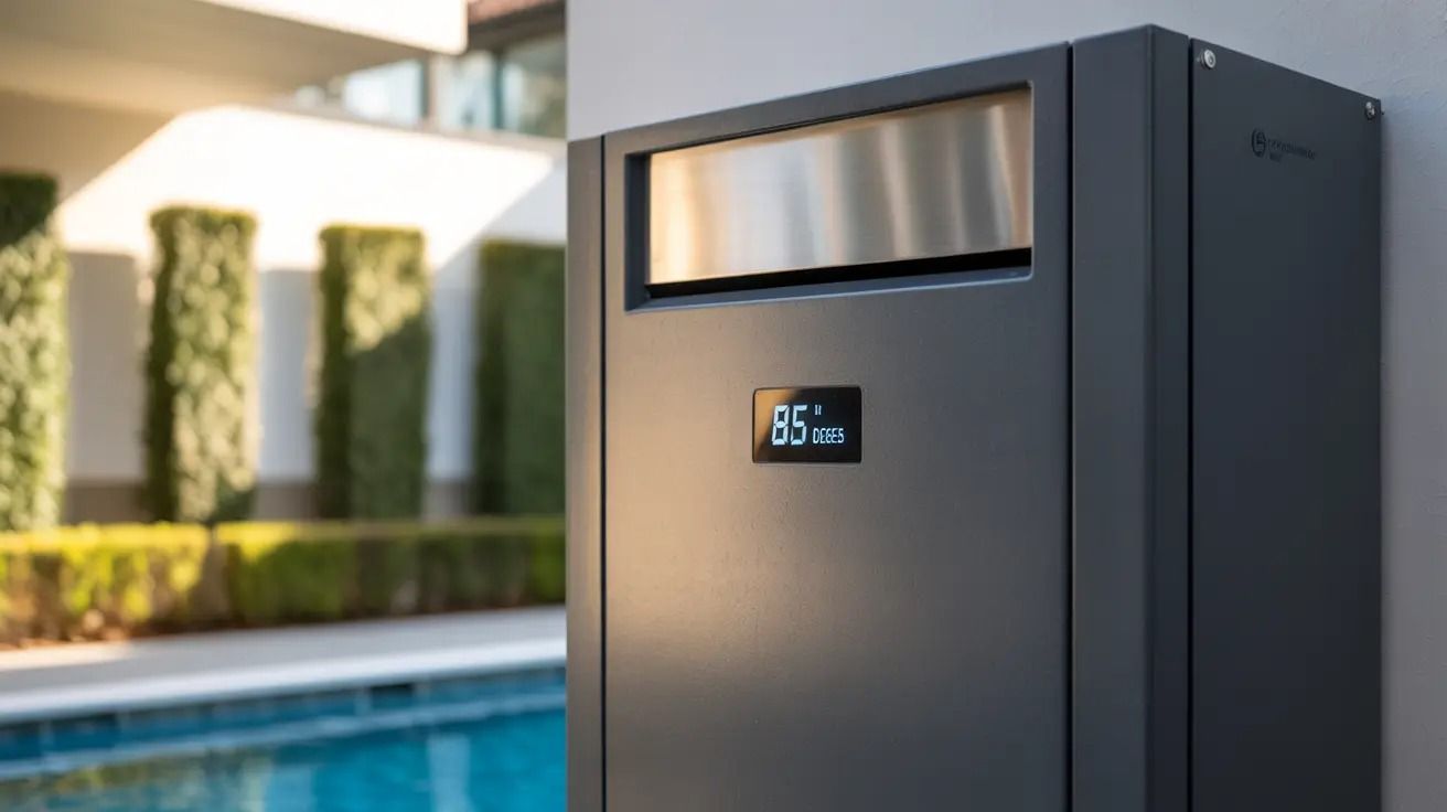Modern black outdoor mailbox beside a swimming pool and landscaped yard