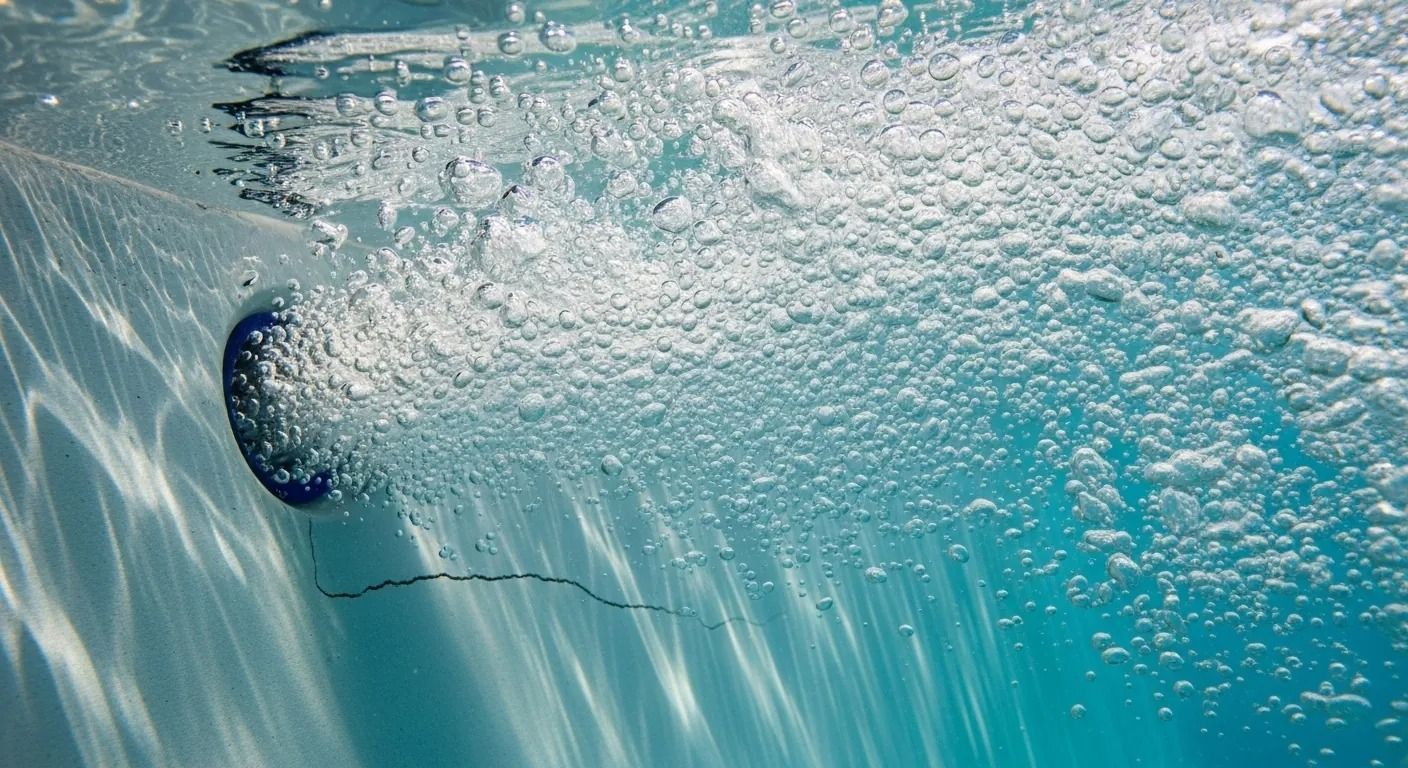 A swimmer underwater near a wave of bubbles in clear blue water