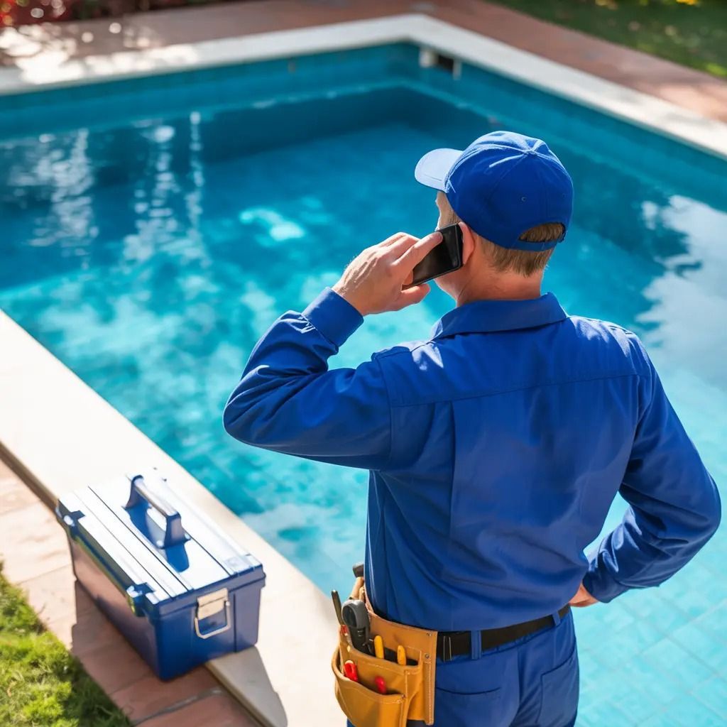 Pool technician inspecting a blue swimming pool while holding a phone, with tool belt and toolbox nearby