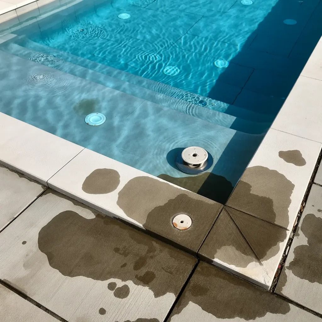 Swimming pool corner with wet beige deck tiles and blue water; pool drains visible near the edge