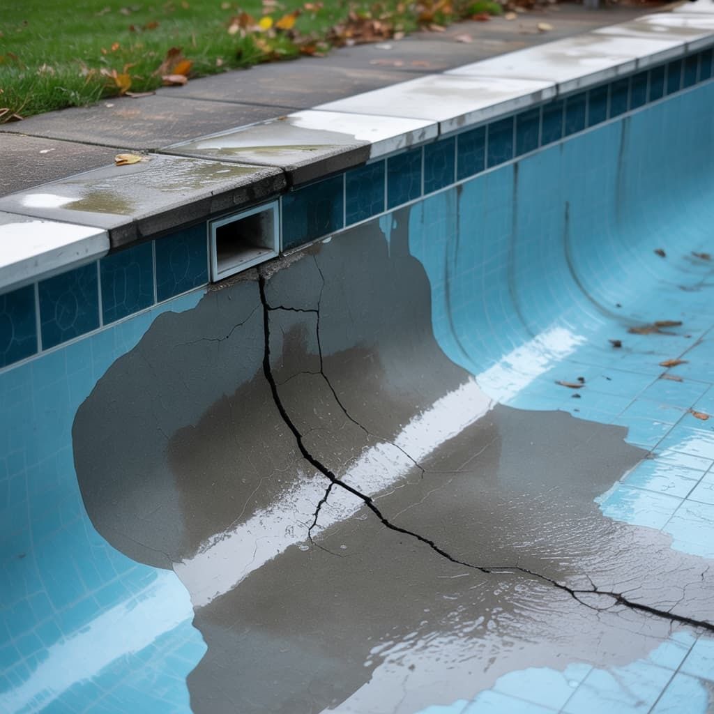 Cracked empty blue swimming pool with a large patch of repaired concrete on the wall and floor