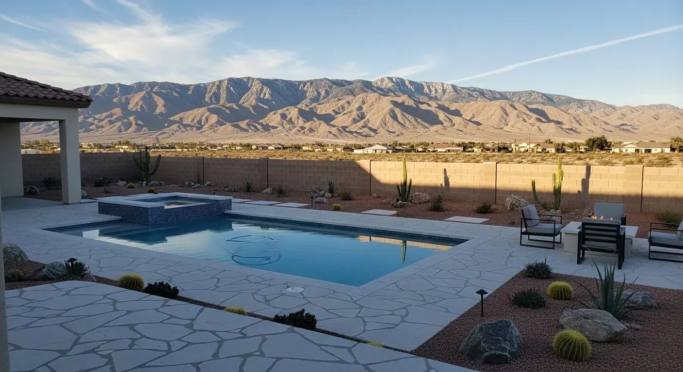 Backyard pool with patio chairs, desert landscaping, and mountains under a clear sky