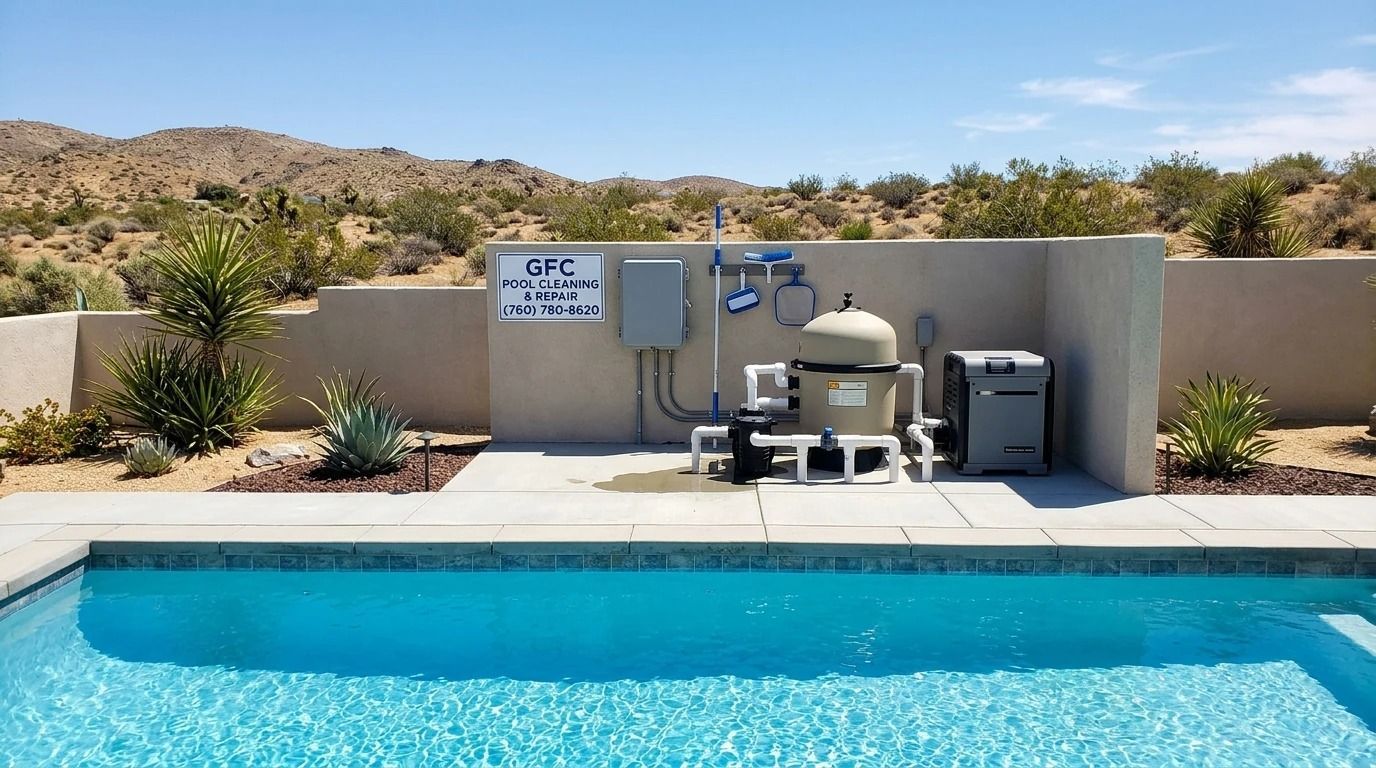 Backyard pool with pump equipment and desert landscaping behind a wall