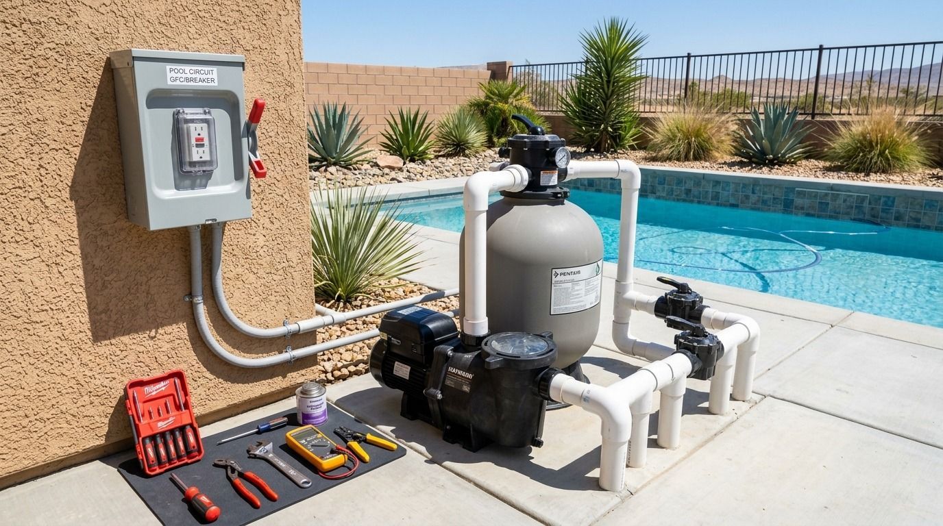 Pool equipment and tools beside a backyard swimming pool with white pipes, pumps, and a control box.