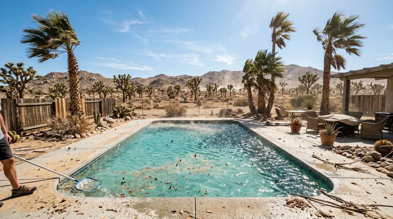 Desert resort pool lined with palm trees and lounge chairs, with mountains in the background.