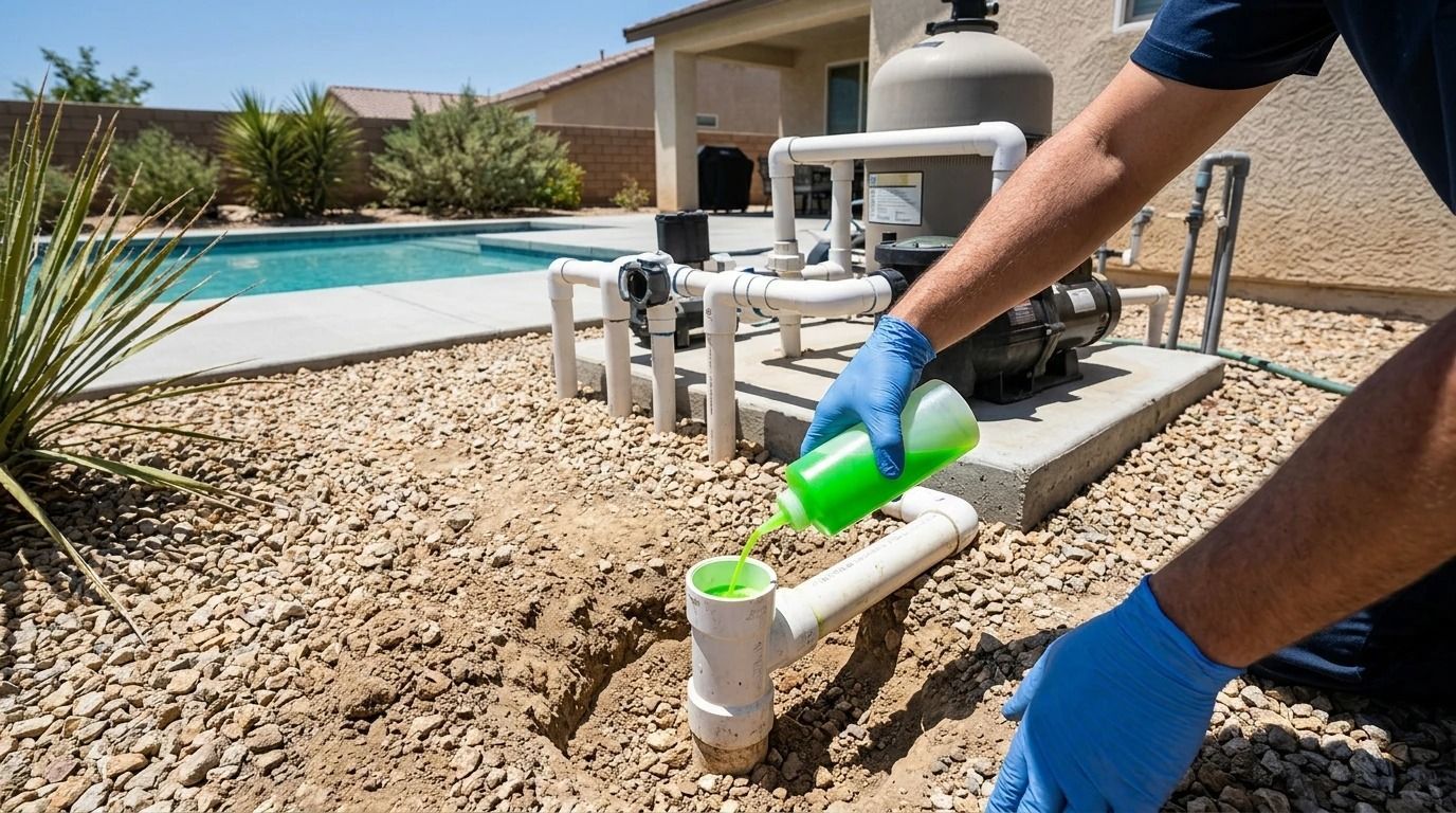 Worker applying green primer to white pool PVC pipes beside an outdoor pool filter system.