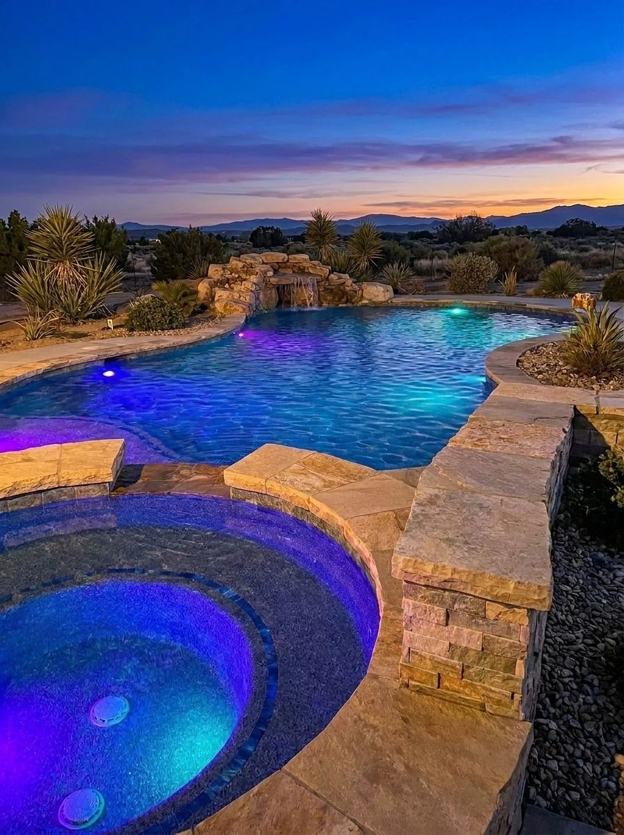 Luxury backyard pool and hot tub glowing blue and purple at dusk with desert landscaping and mountains in the distance