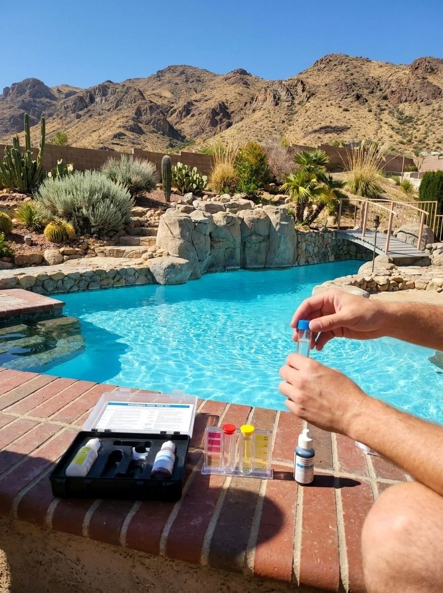 Poolside hands testing water with a small kit, desert mountains in the background