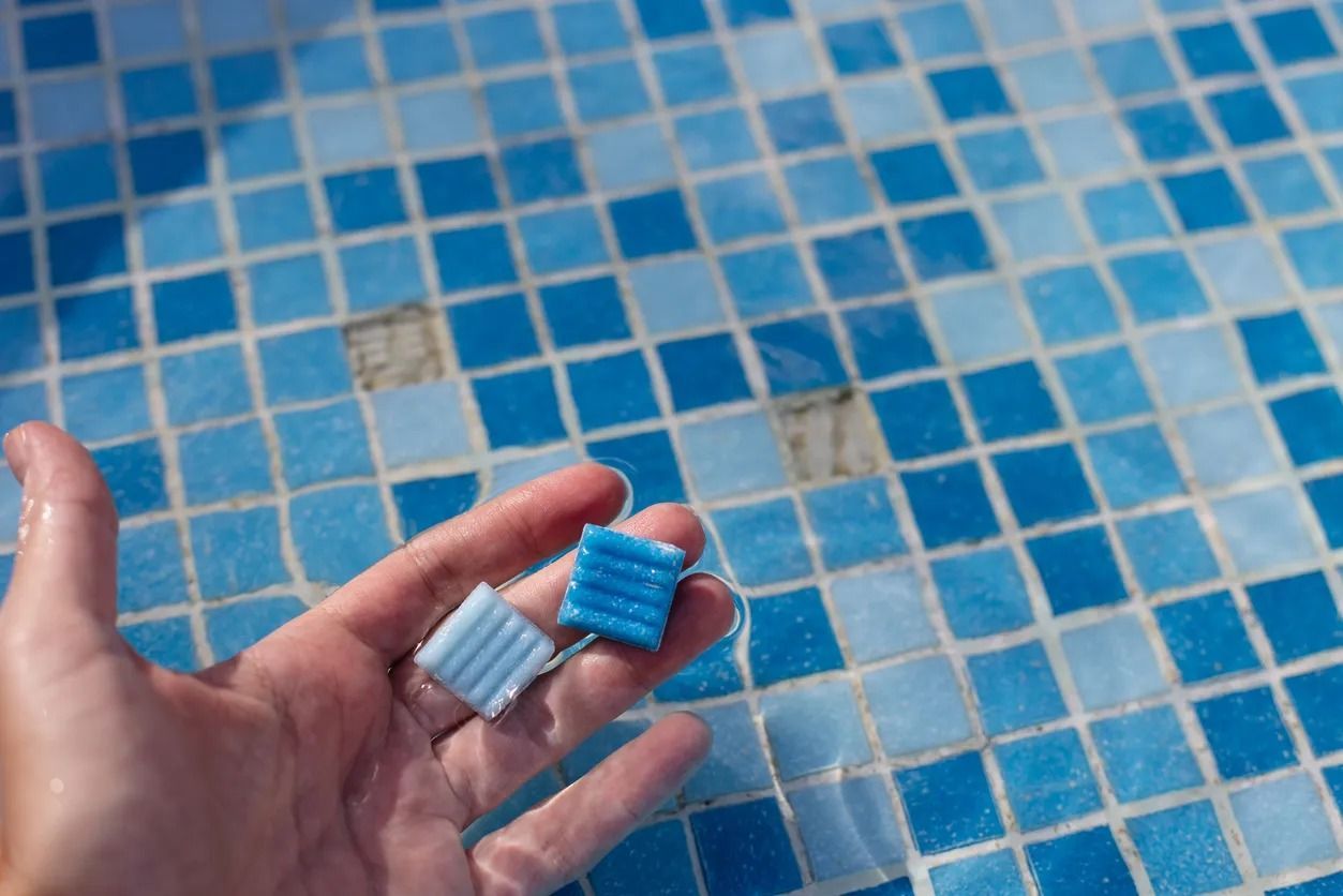 Hand holding two pool tiles, one white and one blue, over a blue mosaic pool surface
