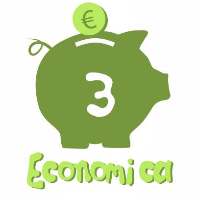 Un'icona a forma di salvadanaio verde con il numero 3, una moneta da un euro e la scritta