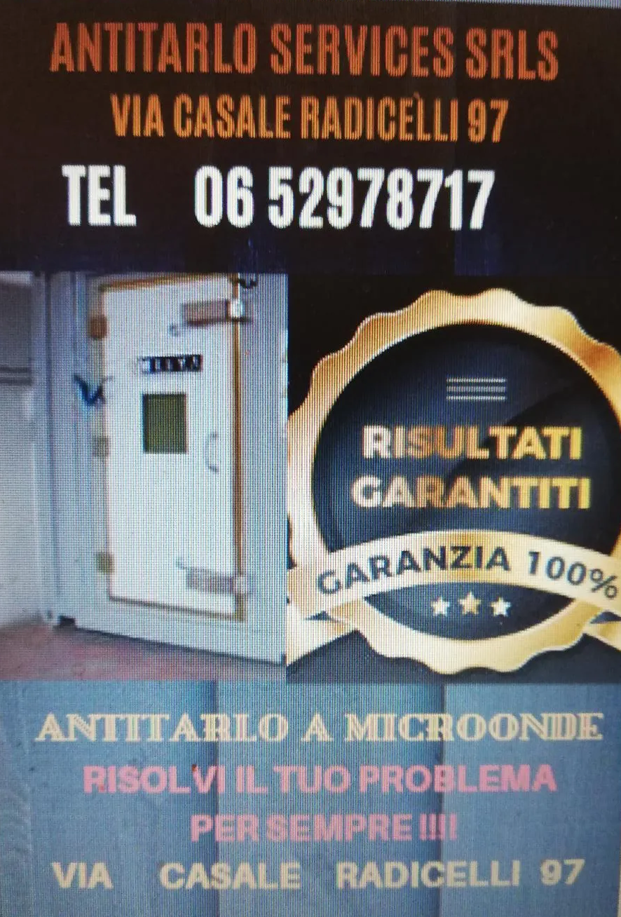 Pubblicità di Antitarlo Services SRLS, che offre un trattamento antitarlo a microonde con garanzia al 100%.