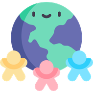 A smiling Earth surrounded by three diverse, colorful people.