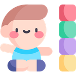Cartoon child sitting in lotus position with colorful blocks.