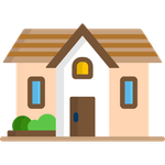 Tan house with brown roof, door, and trim; blue windows; green bushes.