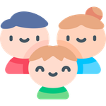 Illustration of a family: mother, father, and child smiling with simplified features.
