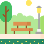 Park scene: bench, tree, lamppost, sunlight, and green foliage.