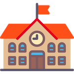 School building with orange roof and flag, clock, and windows.