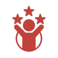 Red person icon with raised arms and three stars above the head