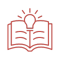 Red outline of an open book with a lightbulb above it, symbolizing learning or ideas.