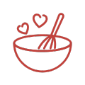 Red line-art of a mixing bowl with whisk and two hearts above it