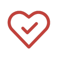 Red outlined heart with a checkmark inside on a white background