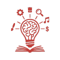 Red lightbulb with brain and icons above an open book, symbolizing learning and ideas