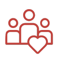 Red outline of three people with a heart in front, representing community care or support