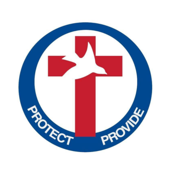 Blue circular logo with red cross, white dove, and the words “PROTECT PROVIDE”